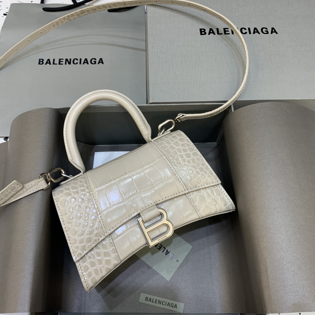 Balenciaga Hourglass XS Handbag Crocodile Embossed Shoulder Bag Light Gray